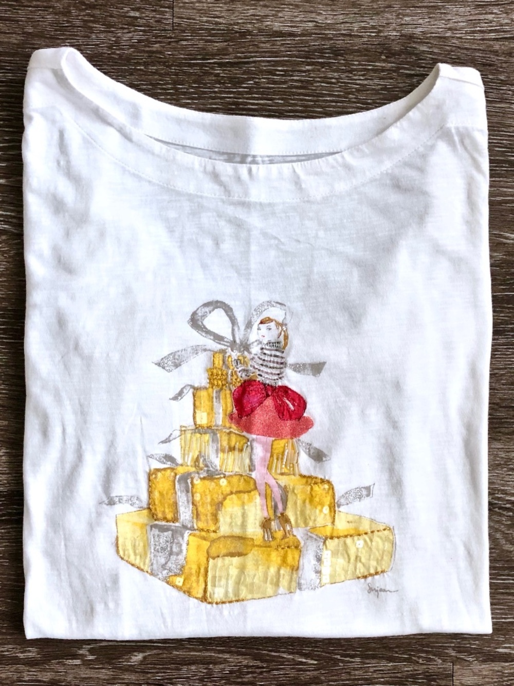 ANN TAYLOR LOFT "Girl with Presents" White Long Sleeve T - Shirt